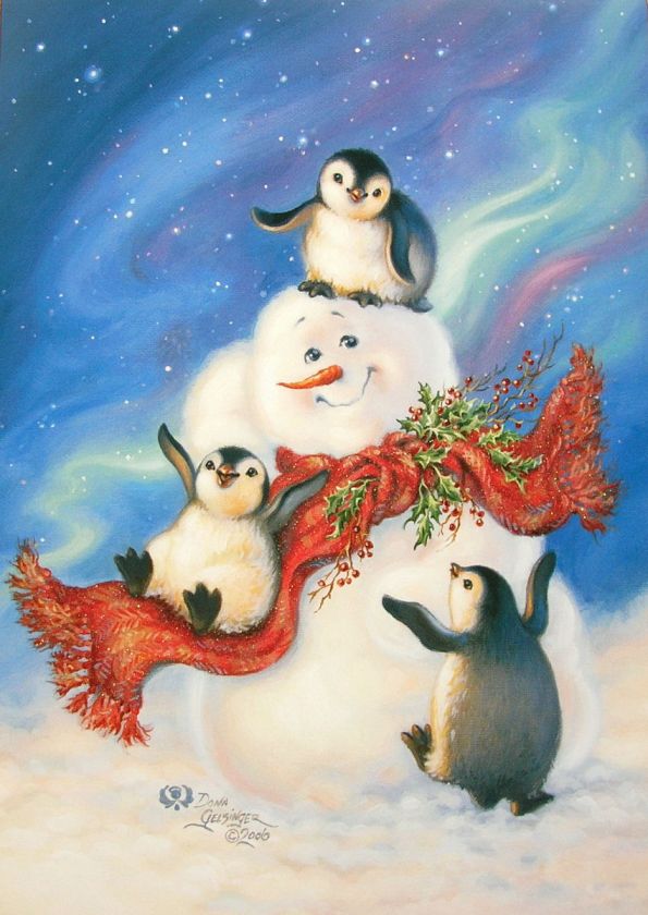 Dona Gelsinger Snowman Penguins Northern Lights Christmas Greeting 