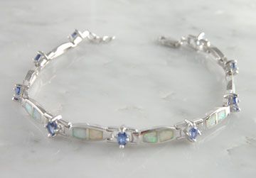   White Opal Tanzanite CZ Link Tennis Bracelet .925 Inlay Jewelry  