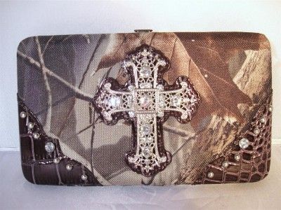 Brown Camouflage Western Rhinestone Cross Wings Cowgirl Handbag Purse 