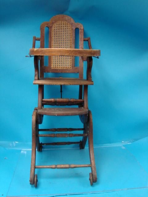 Antique Child High Chair Rocking Baby Infant Solid Wood Rocker Cane 